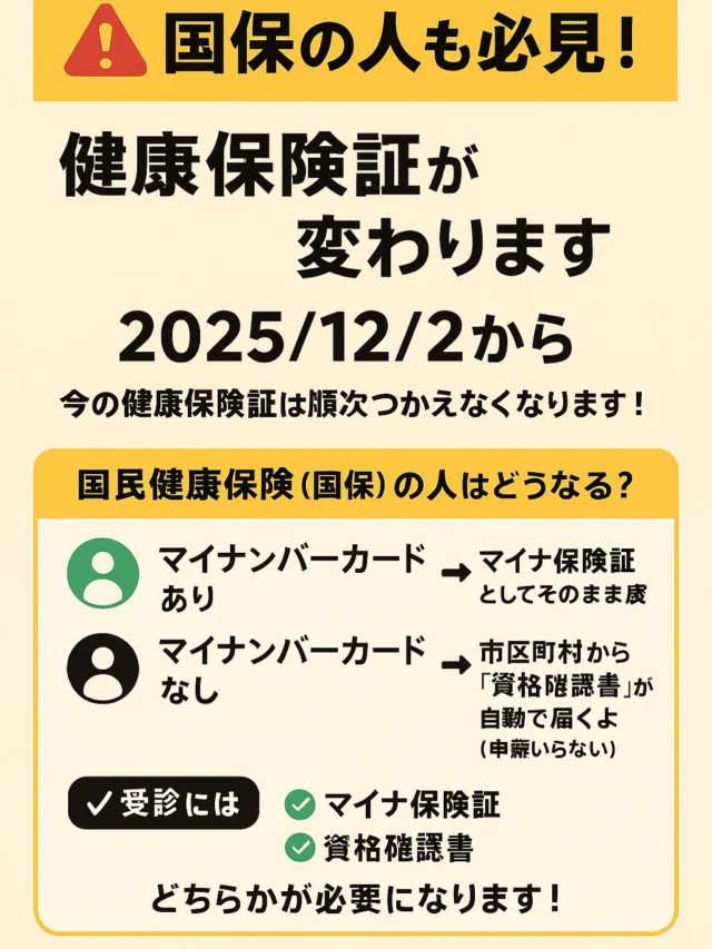 こんにちは
総務部です👀  🚨緊急🚨
📢 健康保険証が変わります！重要なお知らせ 🗓️  2025年12月2日から
今の用紙・プラスチックの健康保険証は使えなくなります！  🏥 これから使えるものは2つだけ！
① マイナ保険証（マイナンバーカードで医療機関受付）
② 資格確認書（保険者から自動で郵送されてくる）  📌 ポイント
・新しい保険証の発行はすでに終了
・手元の保険証は最長で 2025/12/1 まで利用できます
・使えなくなった保険証は自分で処分OK！
・マイナ保険証を登録しておくと何かとスムーズ✨  ご家族・同僚にもぜひシェアしてください💡  #健康保険証廃止 #マイナ保険証 #マイナンバーカード #重要なお知らせ #医療保険 #厚生労働省 #協会けんぽ #沖縄鉄筋#鉄筋工事#総合建築